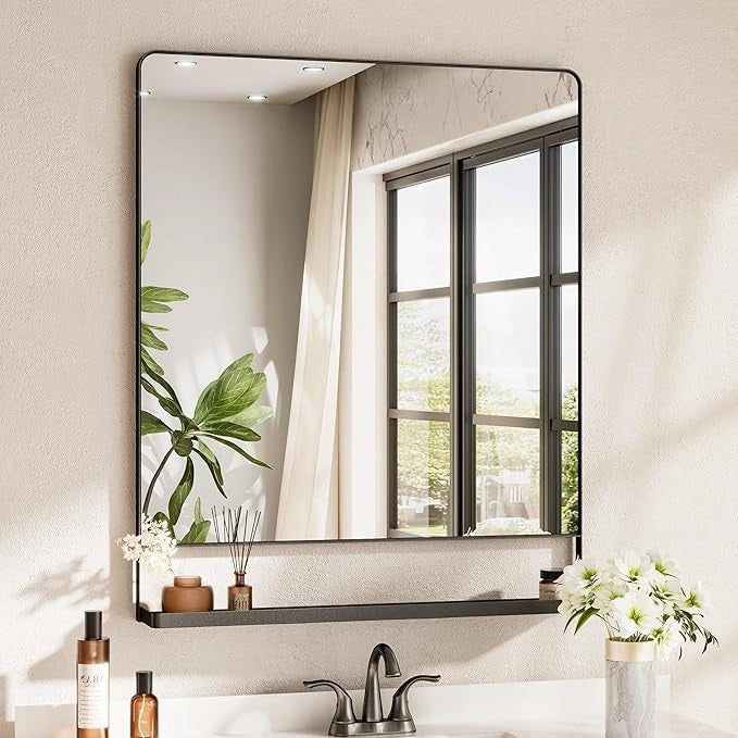 Metal Framed Vanity Mirror with Shelf – Rounded Rectangle Wall Mirror, Functional & Stylish for Bathroom, Farmhouse, Living Room, or Bedroom, Perfect Accent for Modern Home Décor