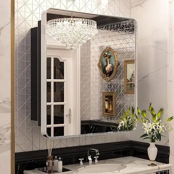 Bathroom Vanity Medicine Cabinet with Mirror – Small Brushed Brass, Stainless Steel Frame, Rounded Rectangle, Adjustable Shelves, Recessed or Surface Mount for Modern Storage