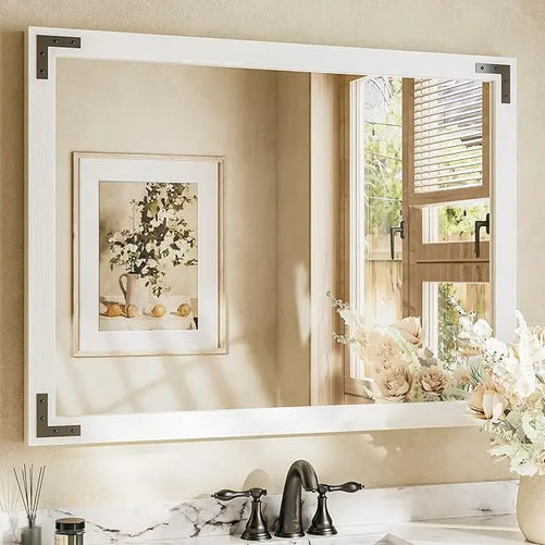 Wood Frame Bathroom Vanity Mirror for Wall – Farmhouse Vanity Mirror for Over Sink, Horizontal/Vertical Mount, Decorative Wooden Mirror for Bathroom, Living Room, Bedroom, Entryway