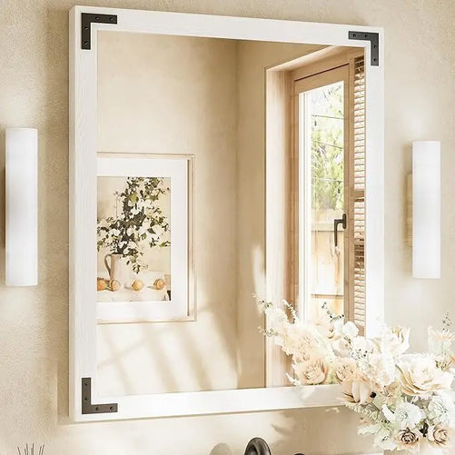 Wood Frame Bathroom Vanity Mirror for Wall – Farmhouse Vanity Mirror for Over Sink, Horizontal/Vertical Mount, Decorative Wooden Mirror for Bathroom, Living Room, Bedroom, Entryway