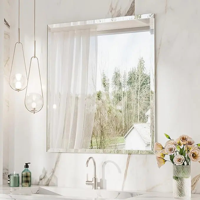 Beveled Rectangle Bathroom Vanity Mirror – Frameless  Wall Mirror with 1" Beveled Edge, Shatterproof Glass, Modern Decorative for Bathroom, Entryway, Living Room, or Restroom