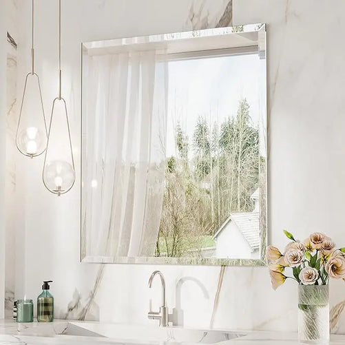 Beveled Rectangle Bathroom Vanity Mirror – Frameless  Wall Mirror with 1" Beveled Edge, Shatterproof Glass, Modern Decorative for Bathroom, Entryway, Living Room, or Restroom