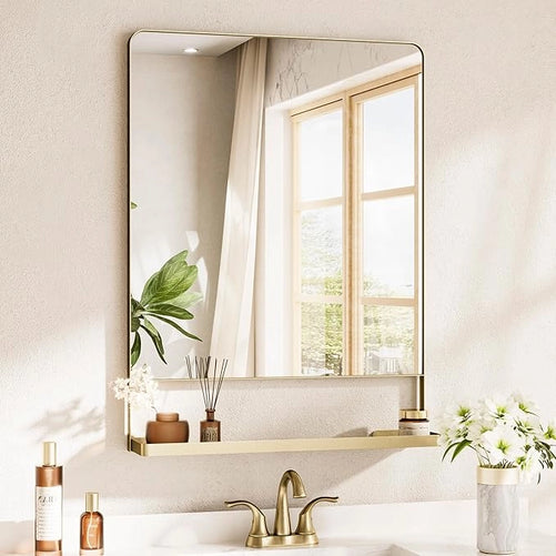 Metal Framed Vanity Mirror with Shelf – Rounded Rectangle Wall Mirror, Functional & Stylish for Bathroom, Farmhouse, Living Room, or Bedroom, Perfect Accent for Modern Home Décor