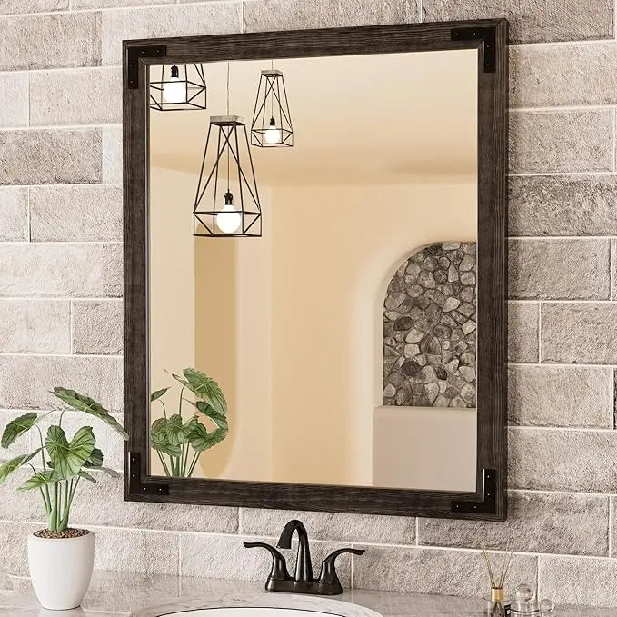 Wood Frame Bathroom Vanity Mirror for Wall – Farmhouse Vanity Mirror for Over Sink, Horizontal/Vertical Mount, Decorative Wooden Mirror for Bathroom, Living Room, Bedroom, Entryway