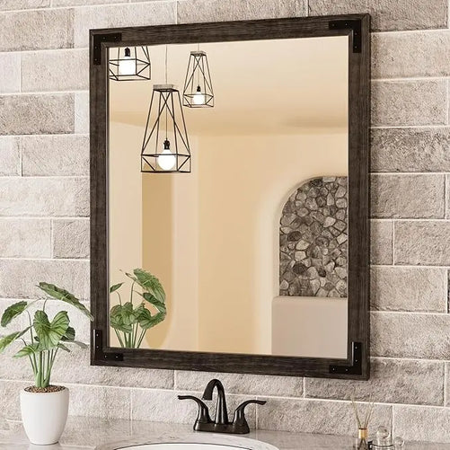 Wood Frame Bathroom Vanity Mirror for Wall – Farmhouse Vanity Mirror for Over Sink, Horizontal/Vertical Mount, Decorative Wooden Mirror for Bathroom, Living Room, Bedroom, Entryway