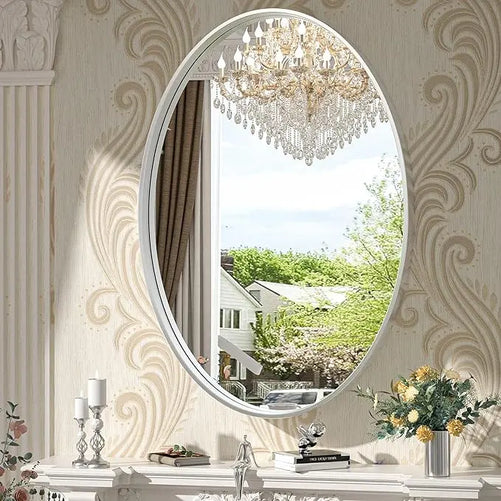 Modern Bathroom Oval Mirror with Non-Rusting Aluminum Frame – Wall-Mounted Vanity Mirror for Farmhouse or Minimalist Décor, Suitable for Vertical or Horizontal Installation