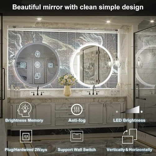 LED Round Mirror with Front Lights, 3 Color Options, CRI 90+ – Dimmable Wall-Mounted Vanity Mirror for Bathroom, Living Room, or Bedroom – Frontlit Illuminated Modern Design