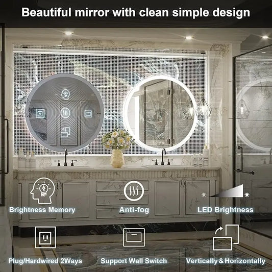 LED Round Mirror with Front Lights, 3 Color Options, CRI 90+ – Dimmable Wall-Mounted Vanity Mirror for Bathroom, Living Room, or Bedroom – Frontlit Illuminated Modern Design