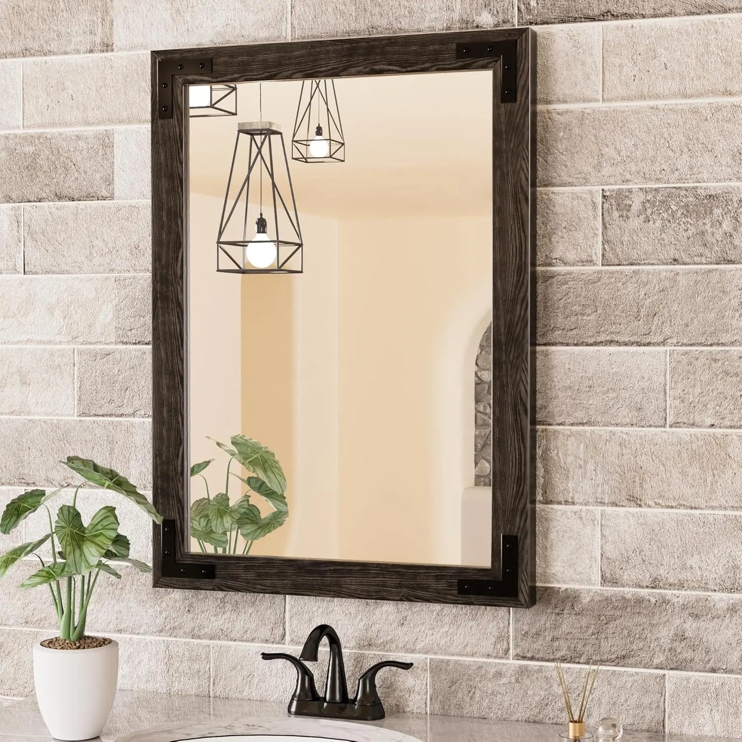 Wood Frame Bathroom Vanity Mirror for Wall – Farmhouse Vanity Mirror for Over Sink, Horizontal/Vertical Mount, Decorative Wooden Mirror for Bathroom, Living Room, Bedroom, Entryway