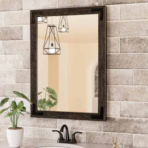 Wood Frame Bathroom Vanity Mirror for Wall – Farmhouse Vanity Mirror for Over Sink, Horizontal/Vertical Mount, Decorative Wooden Mirror for Bathroom, Living Room, Bedroom, Entryway