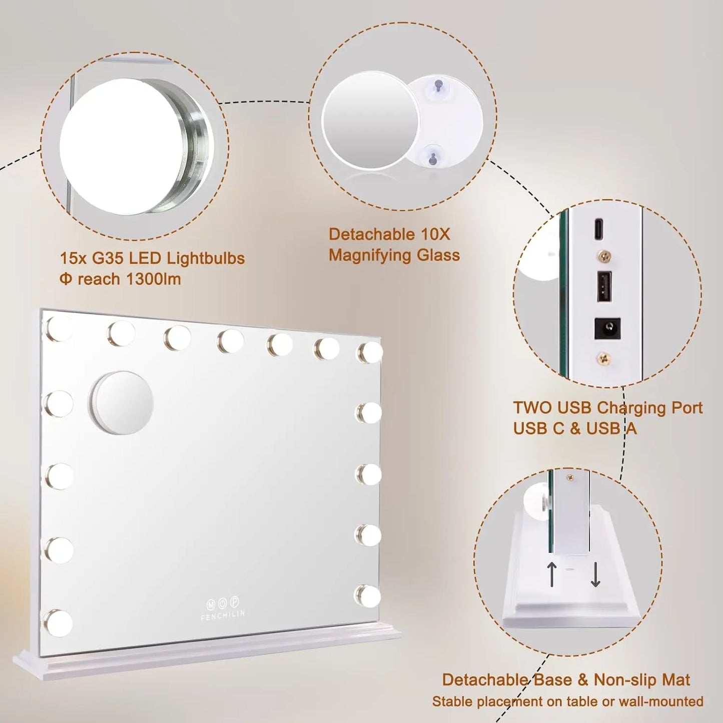 Vanity Mirror with Lights – 15 USB Dimmable Bulbs, 3-Color Modes, Charging Port, Metal Frame, Wooden Base, Hollywood Style Lighted Makeup Mirror with Touch Control
