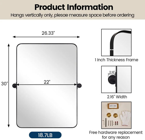 Pivot Rectangle Metal Framed Vanity Mirror – Modern Farmhouse Adjustable Tilting, Beveled Rounded Corner, Rectangular Wall Mirror, Horizontal/Vertical Mount for Bathroom