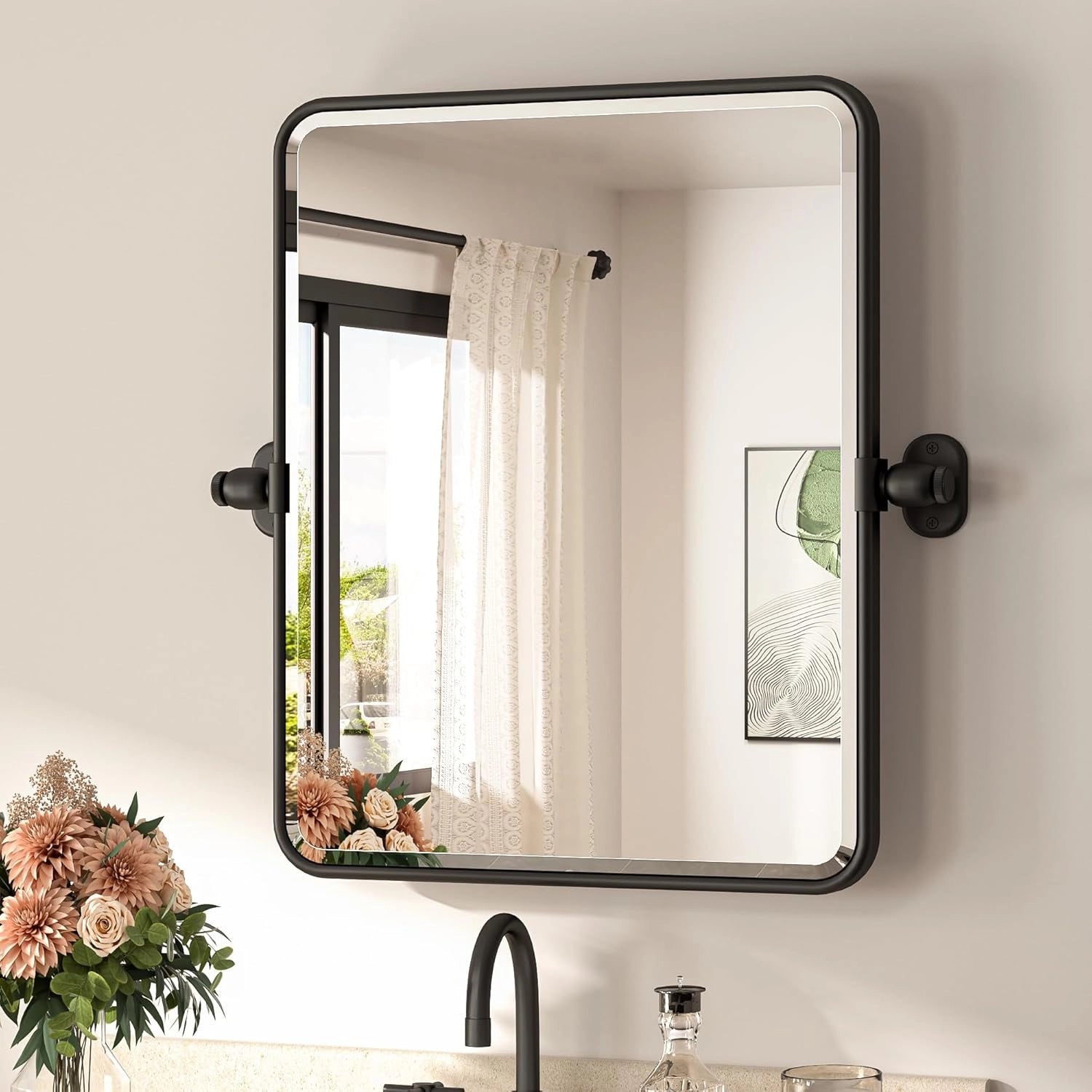 Pivot Rectangle Metal Framed Vanity Mirror – Modern Farmhouse Adjustable Tilting, Beveled Rounded Corner, Rectangular Wall Mirror, Horizontal/Vertical Mount for Bathroom