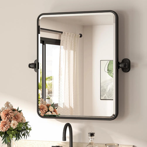 Pivot Rectangle Metal Framed Vanity Mirror – Modern Farmhouse Adjustable Tilting, Beveled Rounded Corner, Rectangular Wall Mirror, Horizontal/Vertical Mount for Bathroom