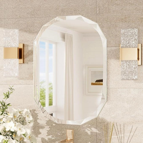 Irregular Frameless Oval Wall Mirror – Beveled Edge Bathroom Vanity Mirror, Shatterproof Modern Decorative Mirror for Living Room, Entryway, Restroom, or Any Indoor Space