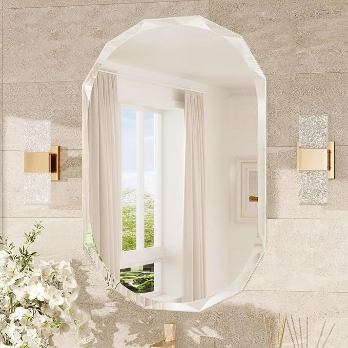 Irregular Frameless Oval Wall Mirror – Beveled Edge Bathroom Vanity Mirror, Shatterproof Modern Decorative Mirror for Living Room, Entryway, Restroom, or Any Indoor Space