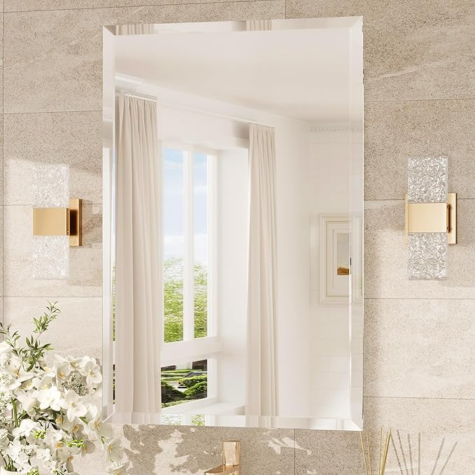 Beveled Rectangle Bathroom Vanity Mirror – Frameless  Wall Mirror with 1" Beveled Edge, Shatterproof Glass, Modern Decorative for Bathroom, Entryway, Living Room, or Restroom