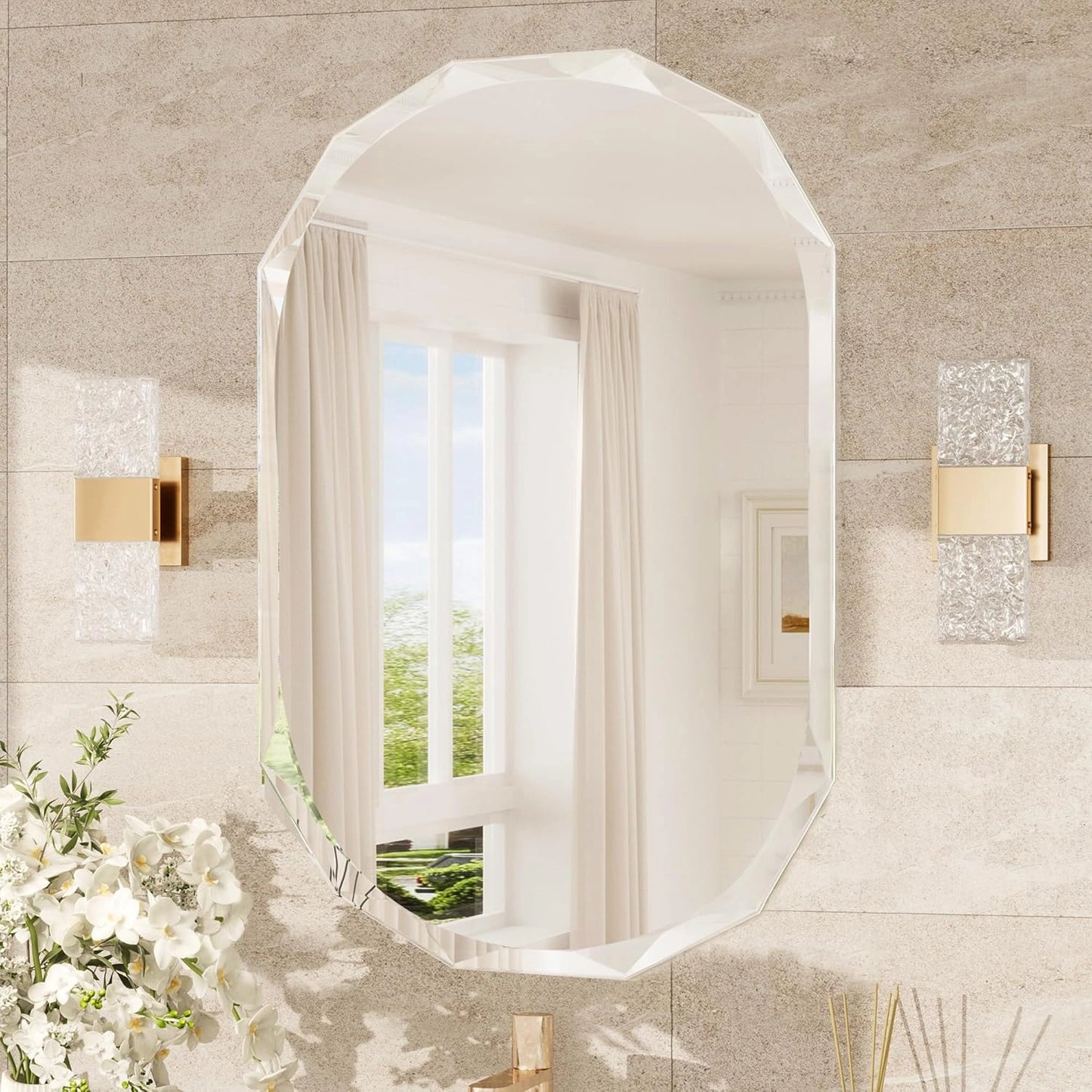 Irregular Frameless Oval Wall Mirror – Beveled Edge Bathroom Vanity Mirror, Shatterproof Modern Decorative Mirror for Living Room, Entryway, Restroom, or Any Indoor Space