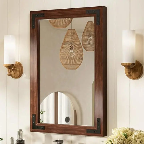 Wood Frame Bathroom Vanity Mirror for Wall – Farmhouse Vanity Mirror for Over Sink, Horizontal/Vertical Mount, Decorative Wooden Mirror for Bathroom, Living Room, Bedroom, Entryway