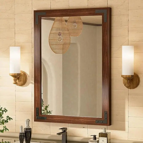 Wood Frame Bathroom Vanity Mirror for Wall – Farmhouse Vanity Mirror for Over Sink, Horizontal/Vertical Mount, Decorative Wooden Mirror for Bathroom, Living Room, Bedroom, Entryway