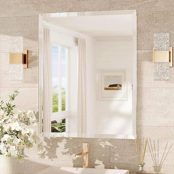 Beveled Rectangle Bathroom Vanity Mirror – Frameless  Wall Mirror with 1" Beveled Edge, Shatterproof Glass, Modern Decorative for Bathroom, Entryway, Living Room, or Restroom