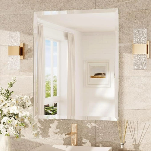 Beveled Rectangle Bathroom Vanity Mirror – Frameless  Wall Mirror with 1" Beveled Edge, Shatterproof Glass, Modern Decorative for Bathroom, Entryway, Living Room, or Restroom