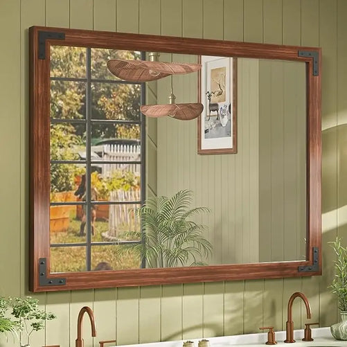 Wood Frame Bathroom Vanity Mirror for Wall – Farmhouse Vanity Mirror for Over Sink, Horizontal/Vertical Mount, Decorative Wooden Mirror for Bathroom, Living Room, Bedroom, Entryway