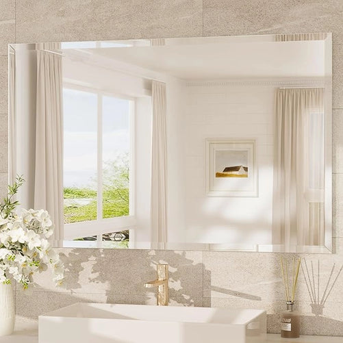 Beveled Rectangle Bathroom Vanity Mirror – Frameless  Wall Mirror with 1" Beveled Edge, Shatterproof Glass, Modern Decorative for Bathroom, Entryway, Living Room, or Restroom