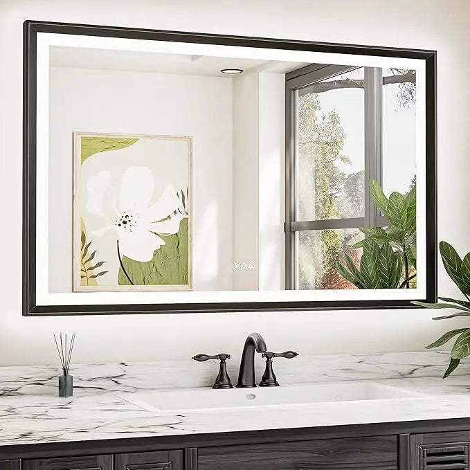 LED Bathroom Vanity Mirror with Frame – Front & Backlit, Aluminum Rectangle, Beveled Edge, 3-Color Stepless Dimmable, Anti-Fog, Memory Function, Wall-Mounted Lighted Mirror