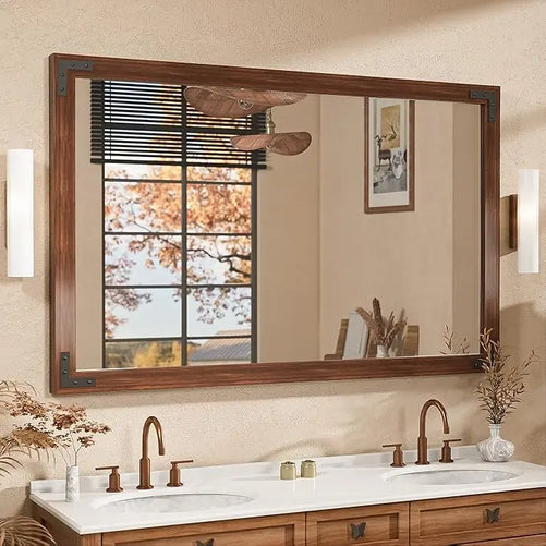 Wood Frame Bathroom Vanity Mirror for Wall – Farmhouse Vanity Mirror for Over Sink, Horizontal/Vertical Mount, Decorative Wooden Mirror for Bathroom, Living Room, Bedroom, Entryway