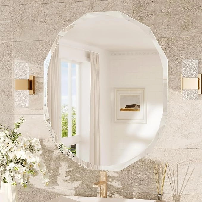 Irregular Frameless Oval Wall Mirror – Beveled Edge Bathroom Vanity Mirror, Shatterproof Modern Decorative Mirror for Living Room, Entryway, Restroom, or Any Indoor Space