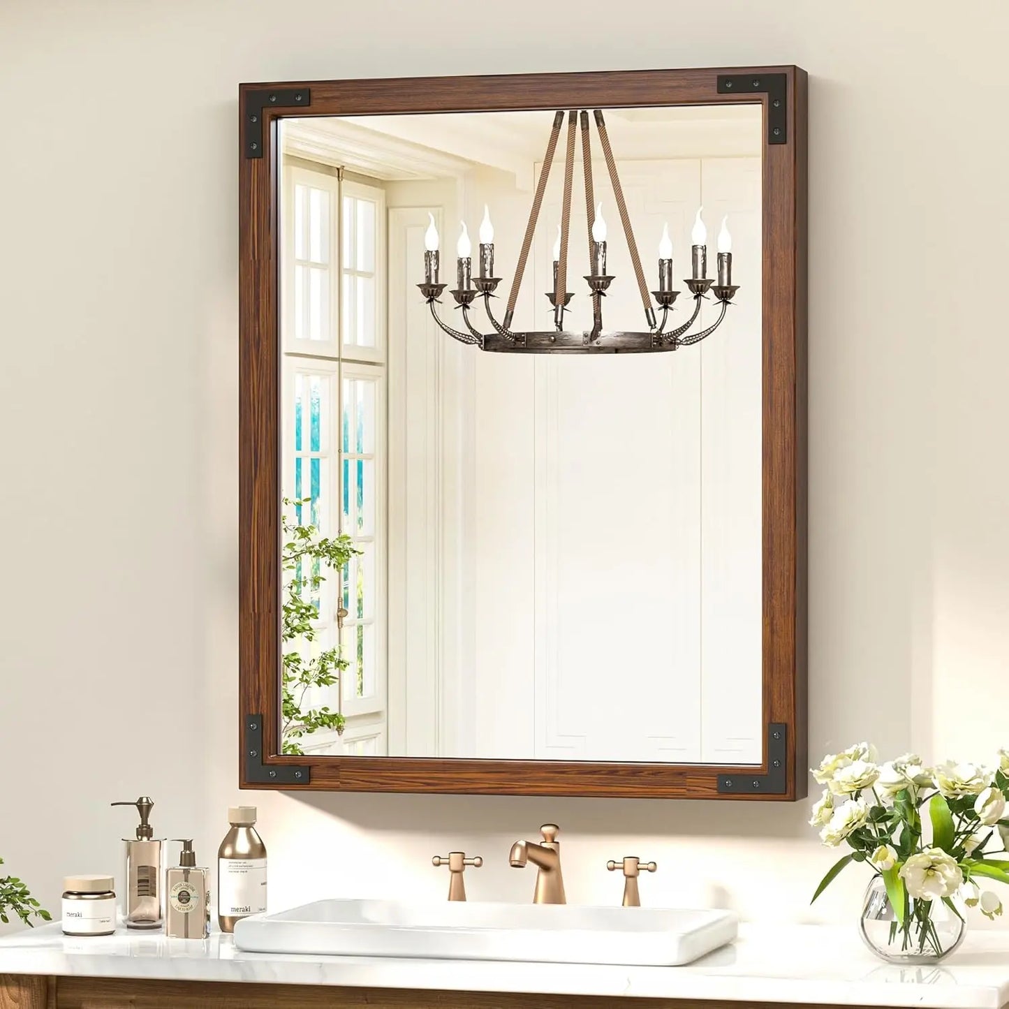 Wood Frame Bathroom Vanity Mirror for Wall – Farmhouse Vanity Mirror for Over Sink, Horizontal/Vertical Mount, Decorative Wooden Mirror for Bathroom, Living Room, Bedroom, Entryway