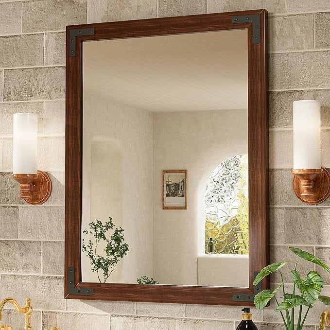 Wood Frame Bathroom Vanity Mirror for Wall – Farmhouse Vanity Mirror for Over Sink, Horizontal/Vertical Mount, Decorative Wooden Mirror for Bathroom, Living Room, Bedroom, Entryway