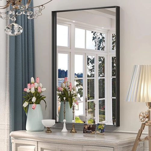 Modern Matte Black Bathroom Mirror – Versatile Mounting