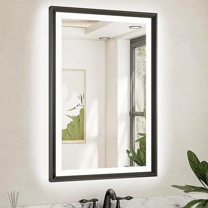 LED Bathroom Vanity Mirror with Frame – Front & Backlit, Aluminum Rectangle, Beveled Edge, 3-Color Stepless Dimmable, Anti-Fog, Memory Function, Wall-Mounted Lighted Mirror