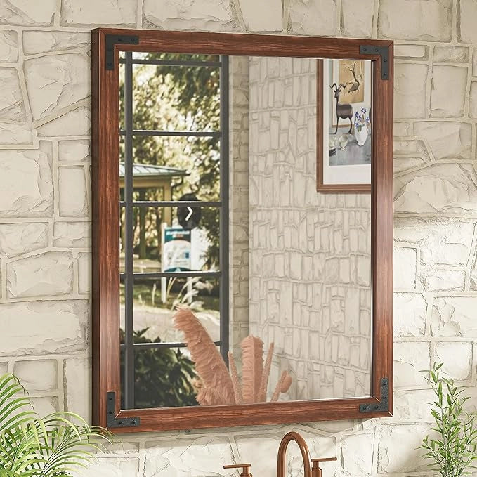Wood Frame Bathroom Vanity Mirror for Wall – Farmhouse Vanity Mirror for Over Sink, Horizontal/Vertical Mount, Decorative Wooden Mirror for Bathroom, Living Room, Bedroom, Entryway