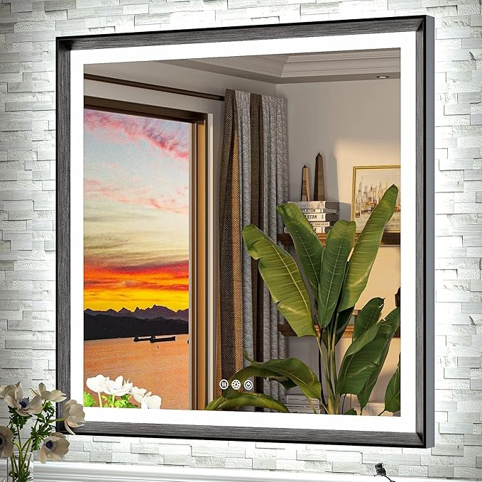 LED Bathroom Vanity Mirror with Frame – Front & Backlit, Aluminum Rectangle, Beveled Edge, 3-Color Stepless Dimmable, Anti-Fog, Memory Function, Wall-Mounted Lighted Mirror