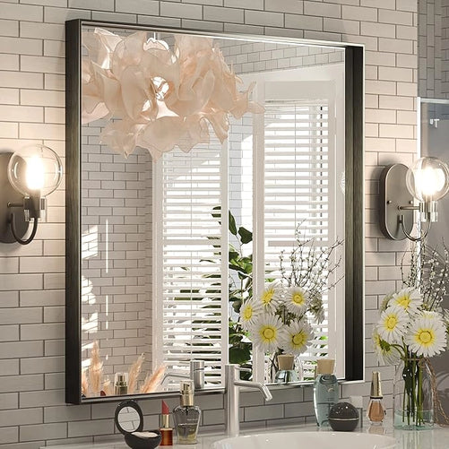 Modern Matte Black Bathroom Mirror – Versatile Mounting