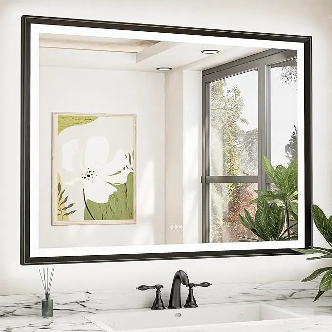 LED Bathroom Vanity Mirror with Frame – Front & Backlit, Aluminum Rectangle, Beveled Edge, 3-Color Stepless Dimmable, Anti-Fog, Memory Function, Wall-Mounted Lighted Mirror