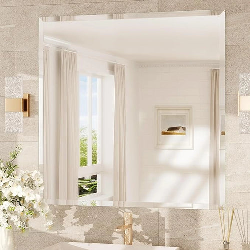 Beveled Rectangle Bathroom Vanity Mirror – Frameless  Wall Mirror with 1" Beveled Edge, Shatterproof Glass, Modern Decorative for Bathroom, Entryway, Living Room, or Restroom