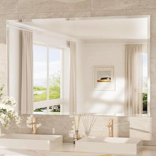 Beveled Rectangle Bathroom Vanity Mirror – Frameless  Wall Mirror with 1" Beveled Edge, Shatterproof Glass, Modern Decorative for Bathroom, Entryway, Living Room, or Restroom