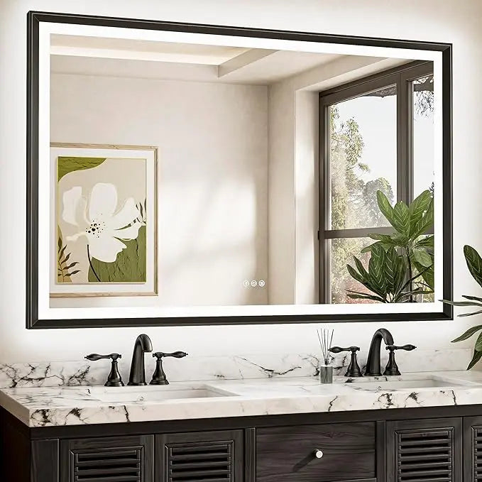 LED Bathroom Vanity Mirror with Frame – Front & Backlit, Aluminum Rectangle, Beveled Edge, 3-Color Stepless Dimmable, Anti-Fog, Memory Function, Wall-Mounted Lighted Mirror