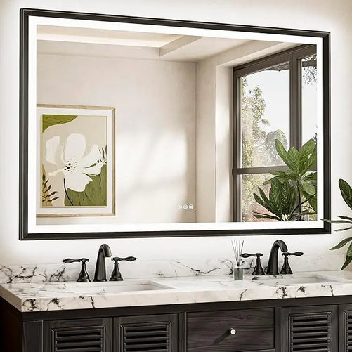 LED Bathroom Vanity Mirror with Frame – Front & Backlit, Aluminum Rectangle, Beveled Edge, 3-Color Stepless Dimmable, Anti-Fog, Memory Function, Wall-Mounted Lighted Mirror