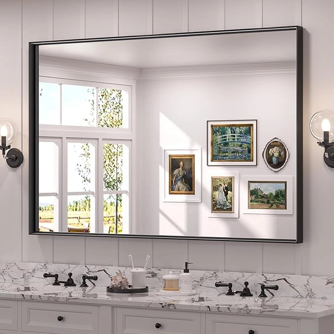 Modern Matte Black Bathroom Mirror – Versatile Mounting