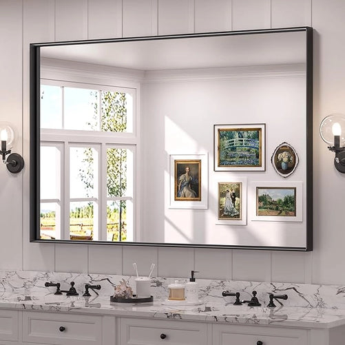 Modern Matte Black Bathroom Mirror – Versatile Mounting