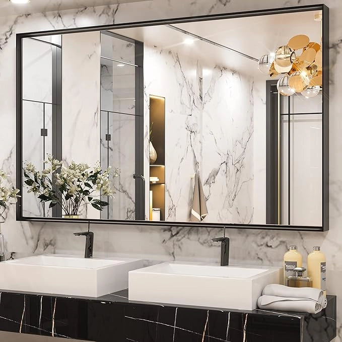 Modern Matte Black Bathroom Mirror – Versatile Mounting
