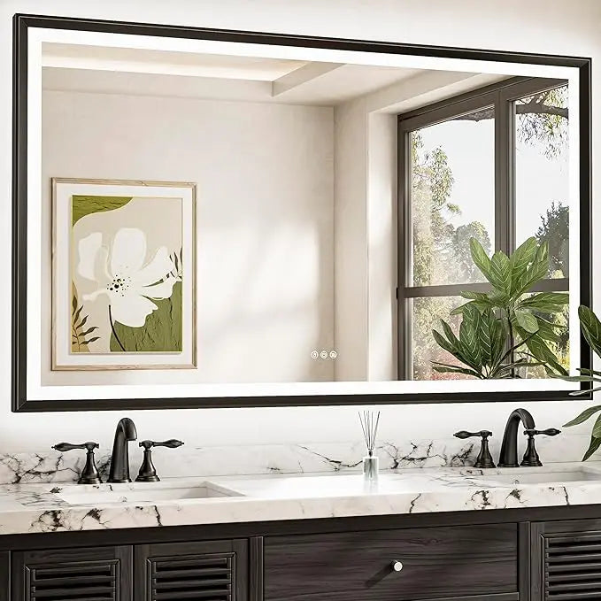 LED Bathroom Vanity Mirror with Frame – Front & Backlit, Aluminum Rectangle, Beveled Edge, 3-Color Stepless Dimmable, Anti-Fog, Memory Function, Wall-Mounted Lighted Mirror