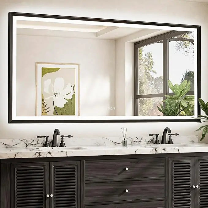 LED Bathroom Vanity Mirror with Frame – Front & Backlit, Aluminum Rectangle, Beveled Edge, 3-Color Stepless Dimmable, Anti-Fog, Memory Function, Wall-Mounted Lighted Mirror