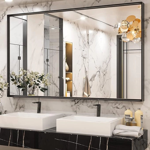 Modern Matte Black Bathroom Mirror – Versatile Mounting