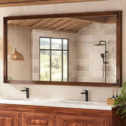 Wood Frame Bathroom Vanity Mirror for Wall – Farmhouse Vanity Mirror for Over Sink, Horizontal/Vertical Mount, Decorative Wooden Mirror for Bathroom, Living Room, Bedroom, Entryway